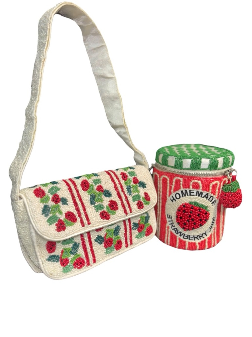 White Beaded Strawberry Shoulder Bag and Jar Pouch Set